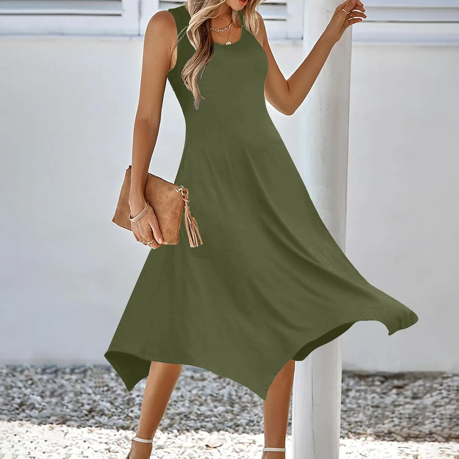 Dresses for Women 2024 Casual Summer Sleeveless Crewneck Sexy Beach Tank Dress Fashion Flowy Swing Sundresses