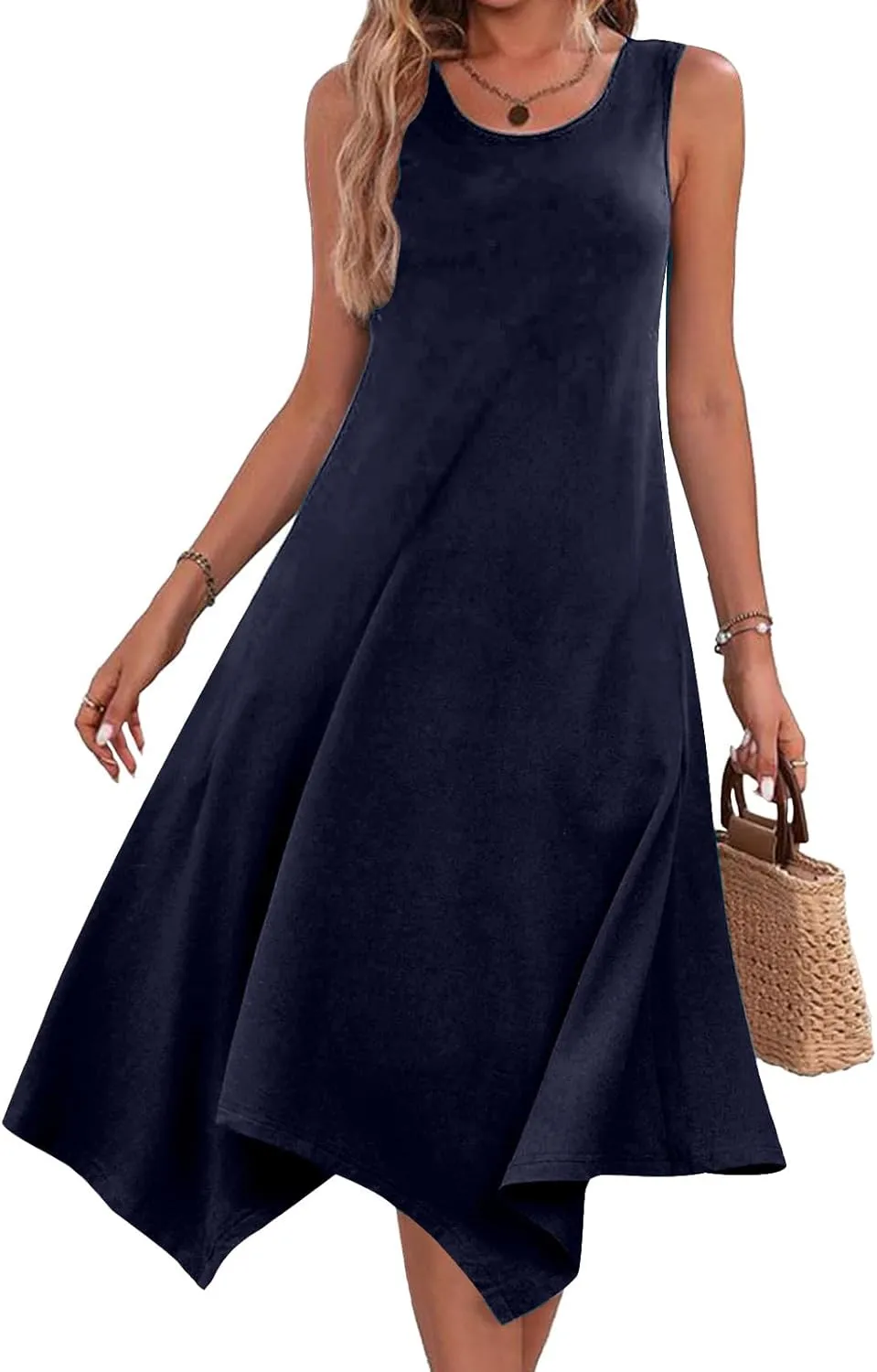 Dresses for Women 2024 Casual Summer Sleeveless Crewneck Sexy Beach Tank Dress Fashion Flowy Swing Sundresses
