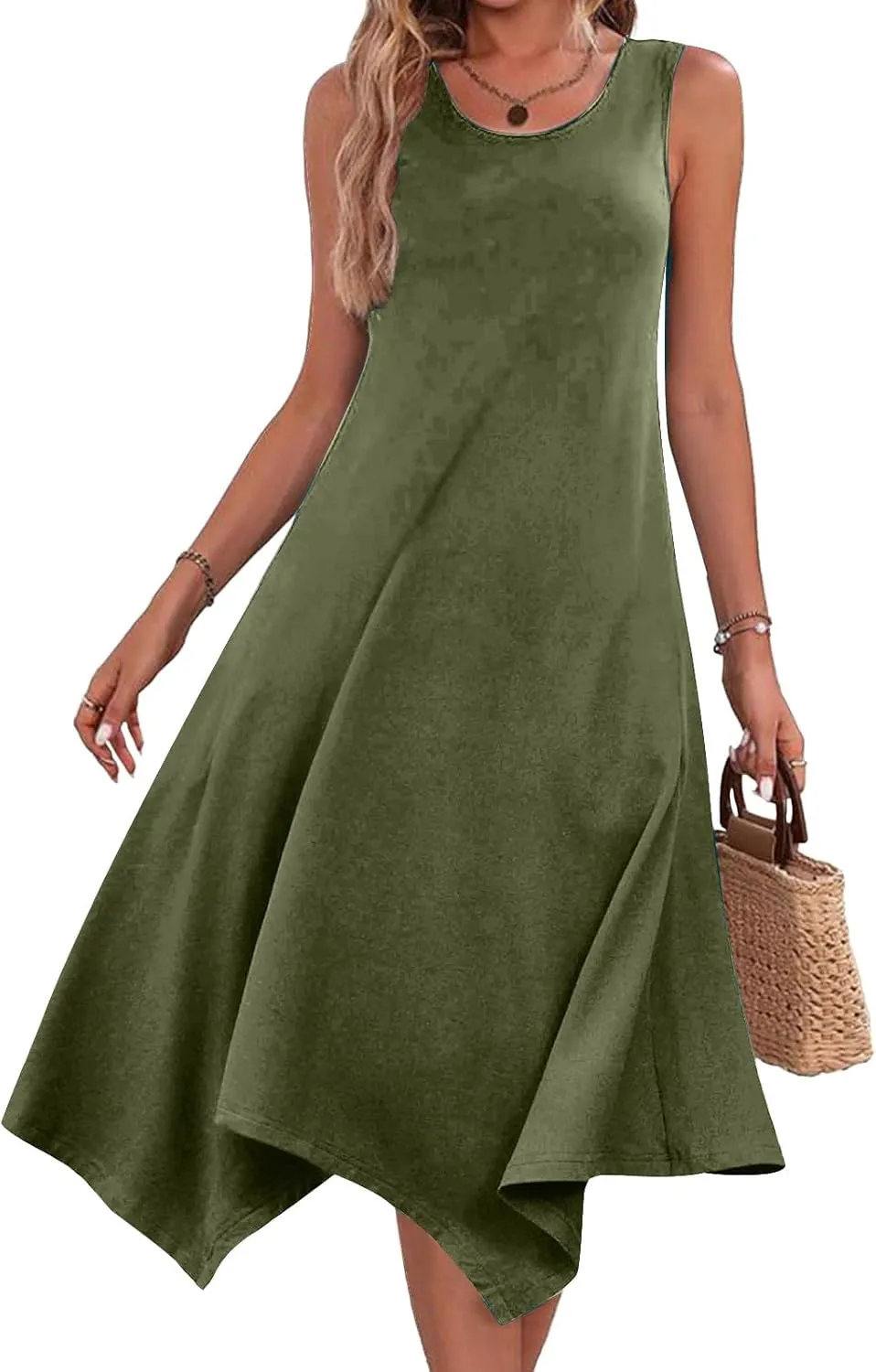 Dresses for Women 2024 Casual Summer Sleeveless Crewneck Sexy Beach Tank Dress Fashion Flowy Swing Sundresses