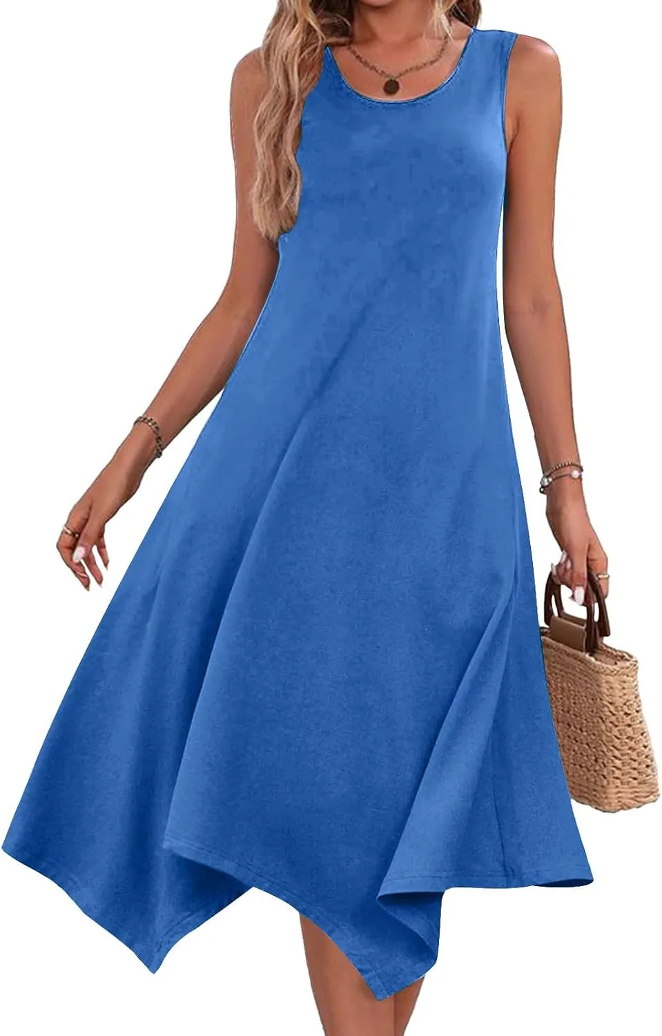 Dresses for Women 2024 Casual Summer Sleeveless Crewneck Sexy Beach Tank Dress Fashion Flowy Swing Sundresses