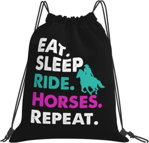 Eat Sleep Ride Horses Cool Repeat Unisex Drawstring Backpack Bag Sport Gym Swim Travel Sackpack