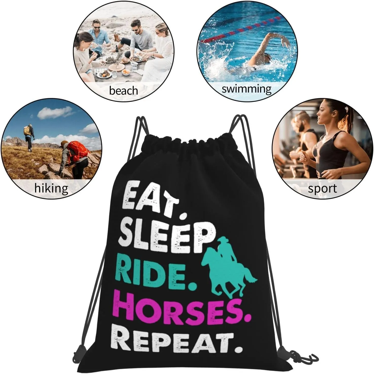 Eat Sleep Ride Horses Cool Repeat Unisex Drawstring Backpack Bag Sport Gym Swim Travel Sackpack