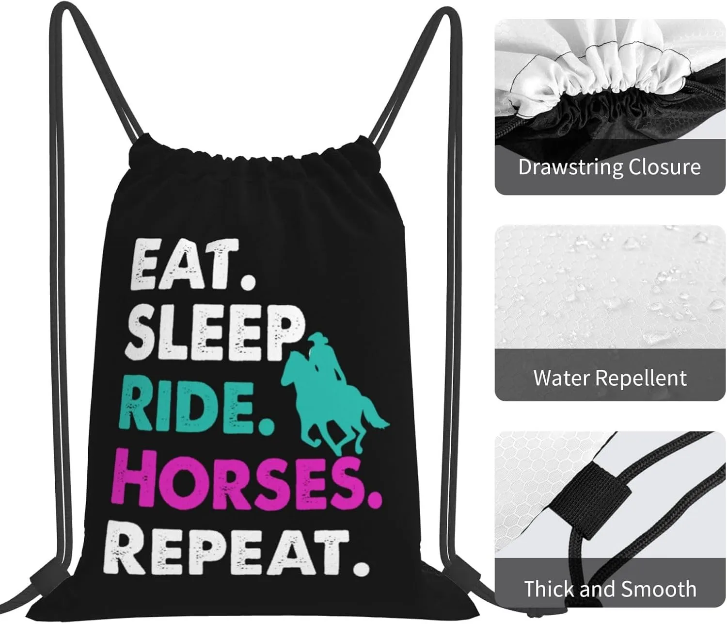 Eat Sleep Ride Horses Cool Repeat Unisex Drawstring Backpack Bag Sport Gym Swim Travel Sackpack