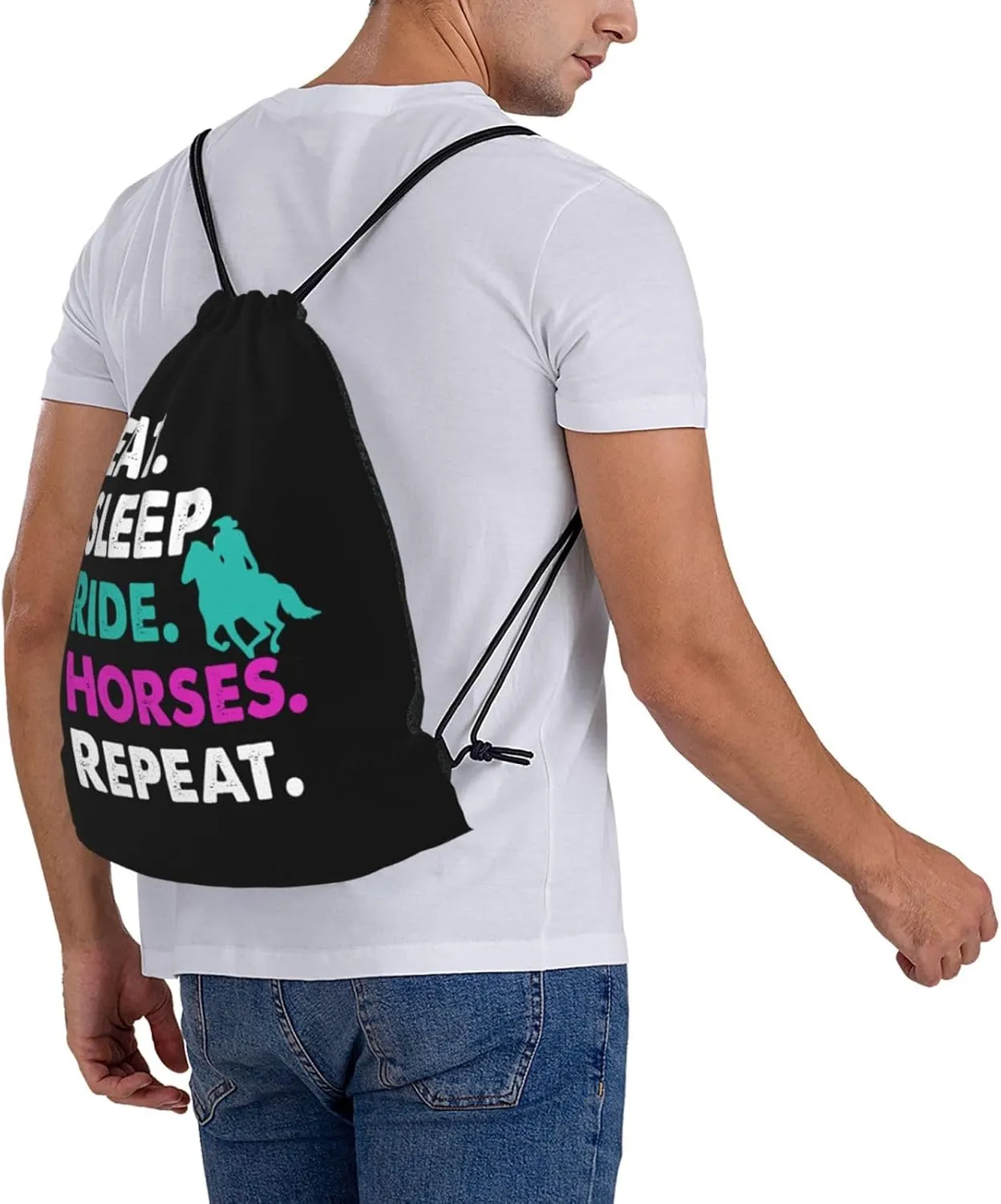 Eat Sleep Ride Horses Cool Repeat Unisex Drawstring Backpack Bag Sport Gym Swim Travel Sackpack
