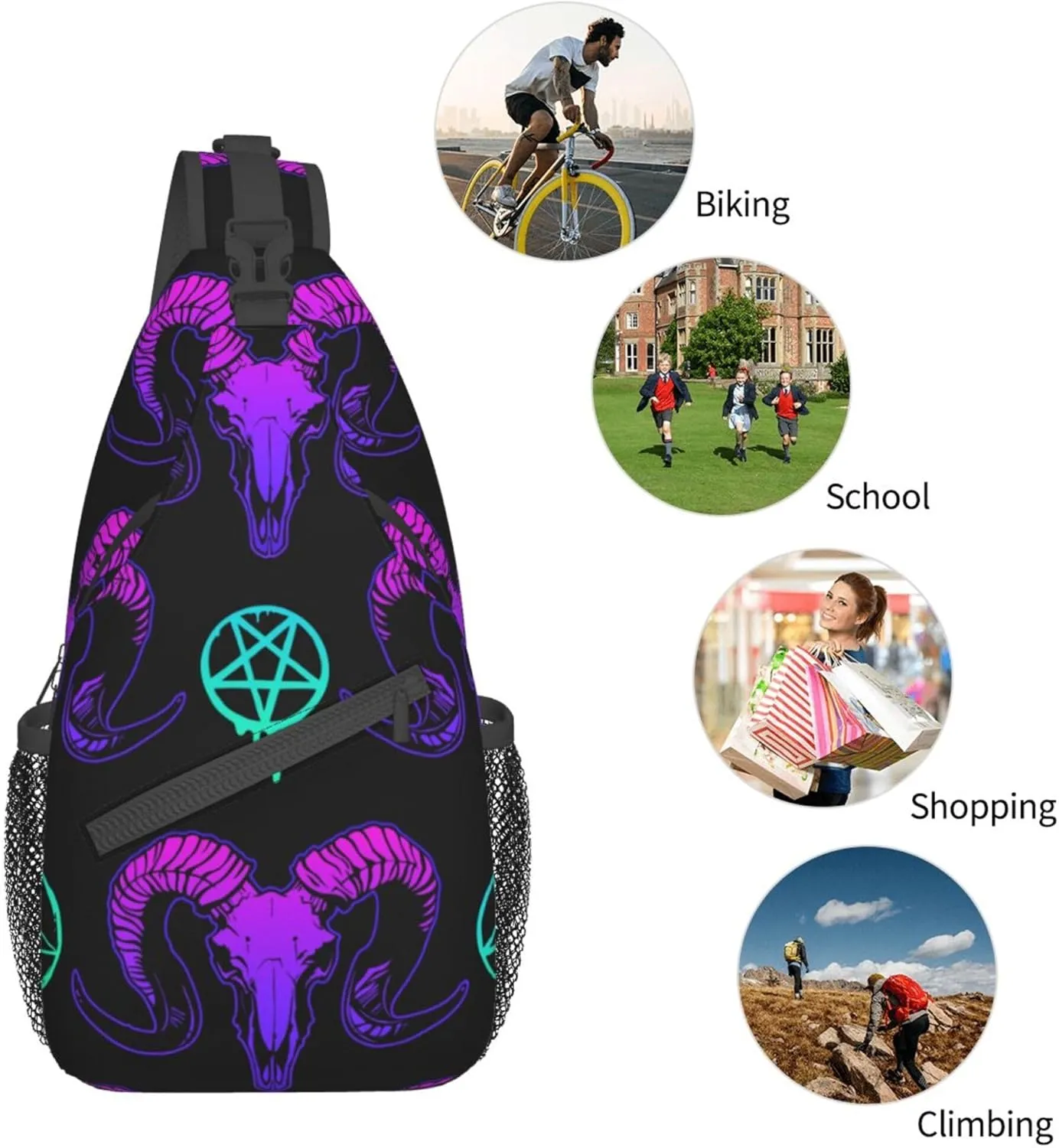 Elegant Chest Cross Body Bag Compatible with Mystical Ram Skull Sling Shoulder Backpack for Women, Adjustable and Comfortable Gym Sack, Anti Theft Cycling Traveling Hiking Daypack