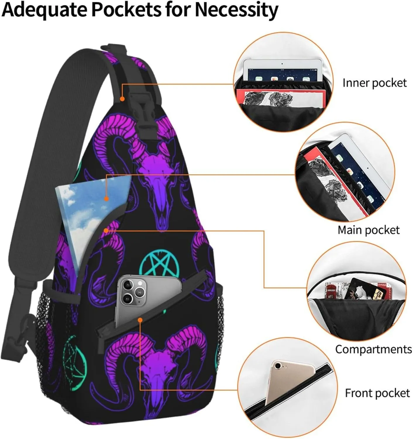 Elegant Chest Cross Body Bag Compatible with Mystical Ram Skull Sling Shoulder Backpack for Women, Adjustable and Comfortable Gym Sack, Anti Theft Cycling Traveling Hiking Daypack