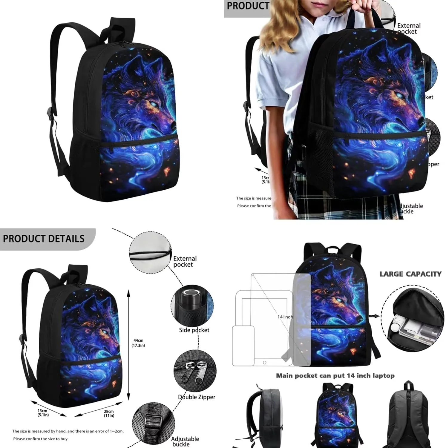Elementary School Boys Backpack with Lunch Box Cool Wolf Bookbag with Comfortable Adjustable Straps for Boy Student 3 Pcs School Bag with Pencil Box Kindergarten Supplies for Unisex-Child