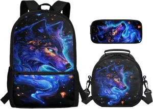 Elementary School Boys Backpack with Lunch Box Cool Wolf Bookbag with Comfortable Adjustable Straps for Boy Student 3 Pcs School Bag with Pencil Box Kindergarten Supplies for Unisex-Child