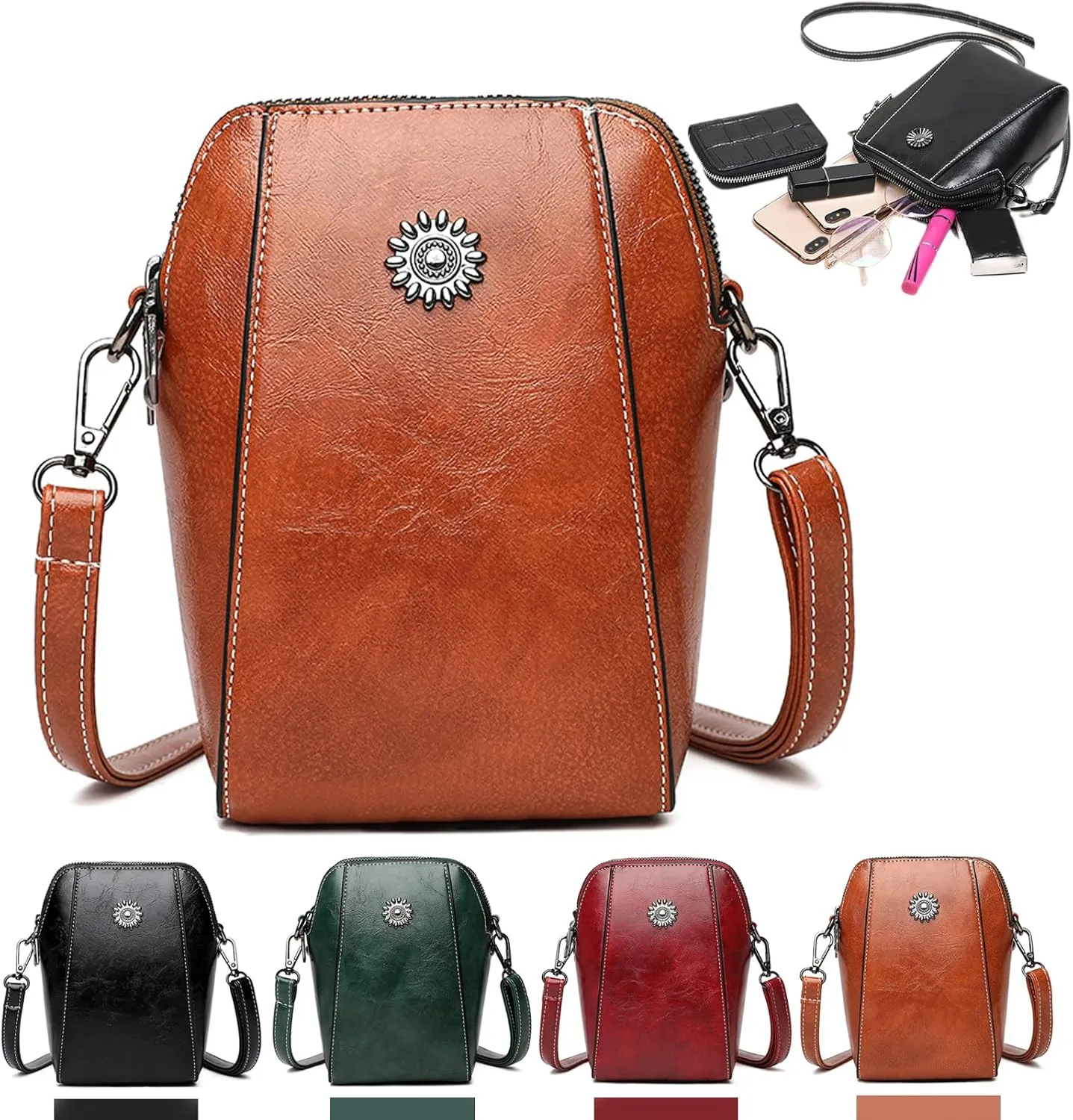 Elmyse Crossbody Bag Leather, Retro All-Match Vertical Cellphone Bag, Crossbody Leather Shoulder Bags and Clutches