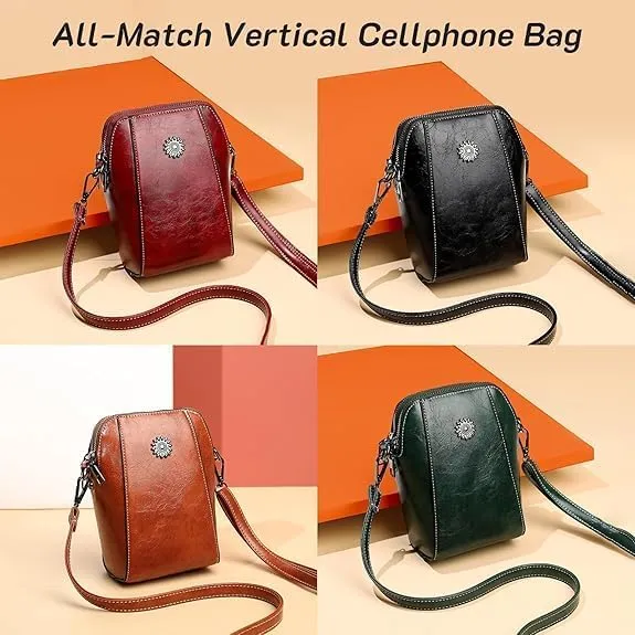 Elmyse Crossbody Bag Leather, Retro All-Match Vertical Cellphone Bag, Crossbody Leather Shoulder Bags and Clutches
