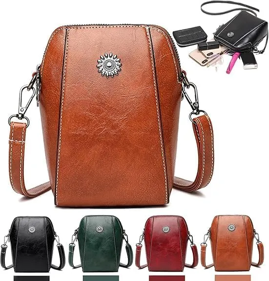 Elmyse Crossbody Bag Leather, Retro All-Match Vertical Cellphone Bag, Crossbody Leather Shoulder Bags and Clutches