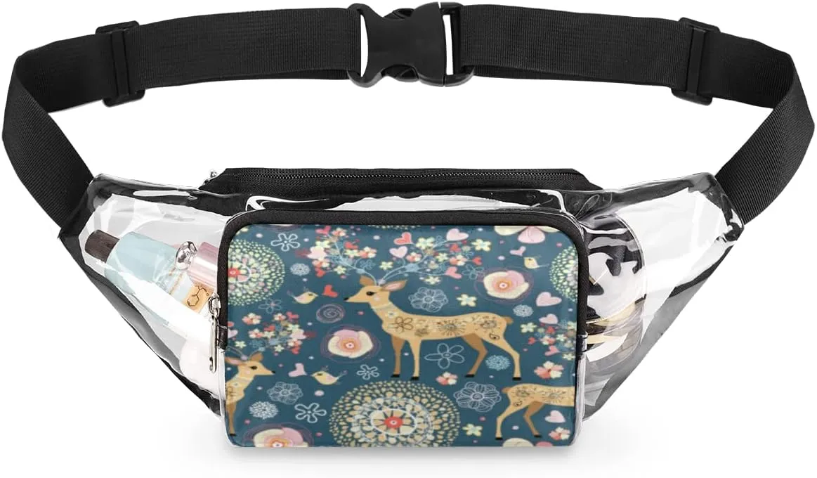 Flower Deer Art Clear Fanny Pack Stadium Approved Adjustable Clear Belt Bag Cute Waist Bags for Women Men Travel Sports Events Hiking Concerts