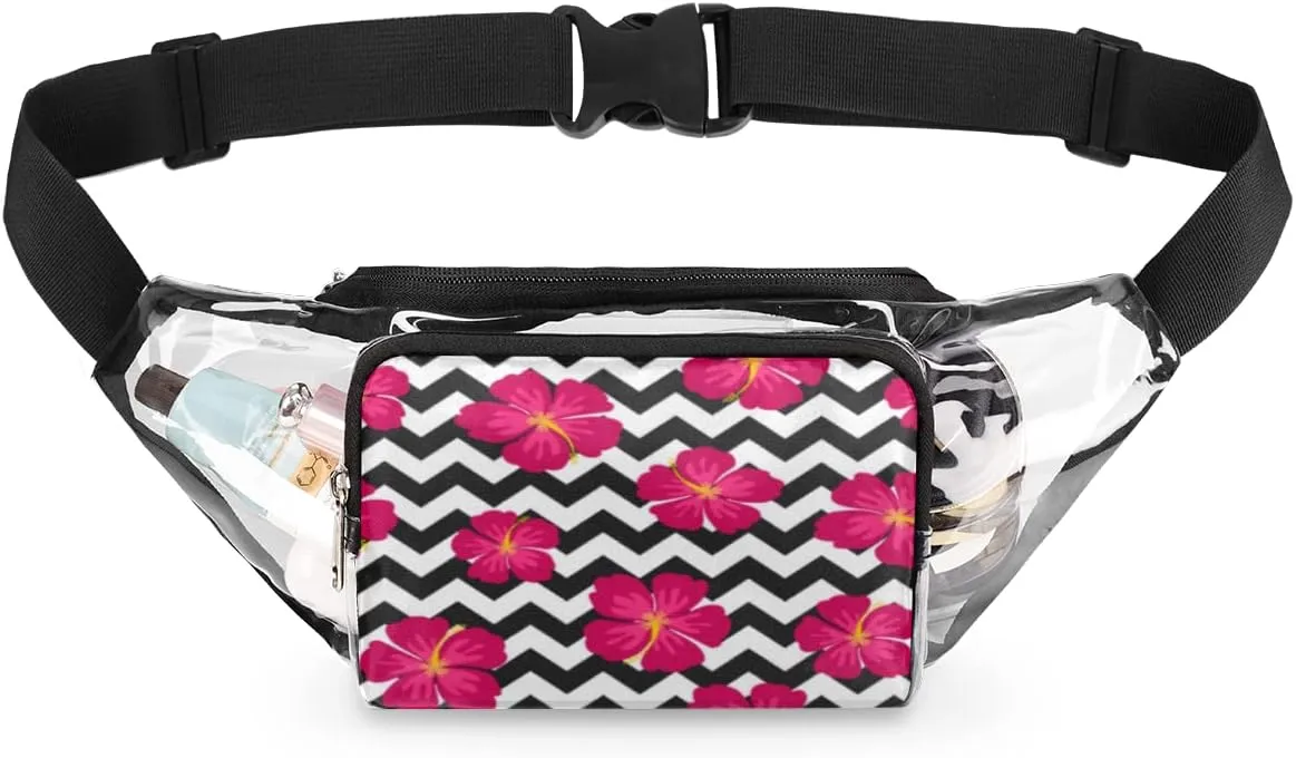 Flower Stripes Clear Fanny Pack Stadium Approved Adjustable Clear Belt Bag Cute Waist Bags for Women Men Travel Sports Events Hiking Concerts