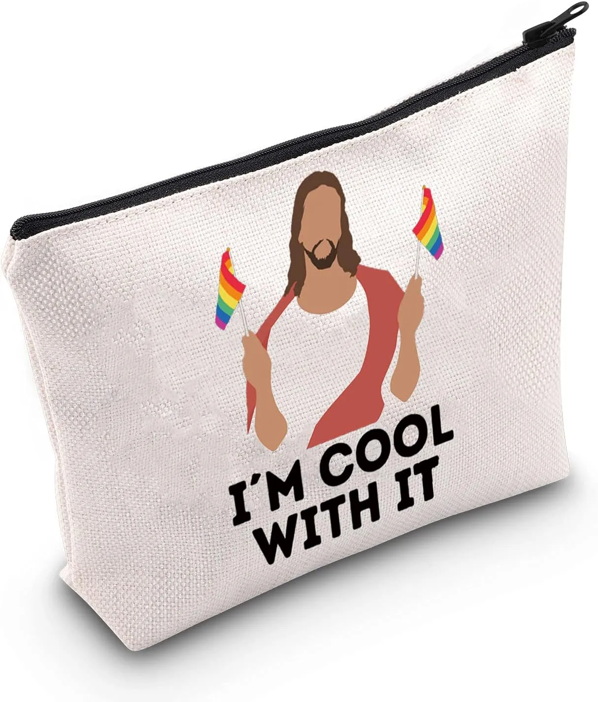 G2TUP LGBTQ Pride Gift Jesus I'm Cool With It Makeup Bag Gay Pride Rainbow Cosmetic Bag Travel Pouch with Zipper Support LGBT Gift (Cool With It White Bag)