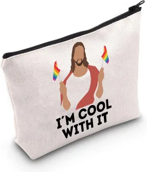 G2TUP LGBTQ Pride Gift Jesus I'm Cool With It Makeup Bag Gay Pride Rainbow Cosmetic Bag Travel Pouch with Zipper Support LGBT Gift (Cool With It White Bag)