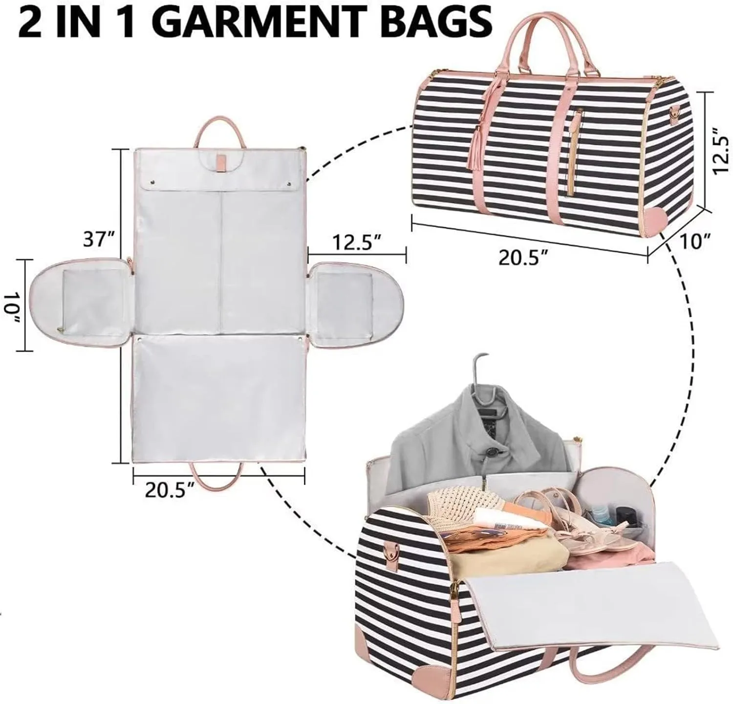 Garment Duffle Bags for Travel, Convertible Carry On Garment Bag, Foldable Garment Duffle Bag, 2 In 1 Garment Bags for Travel, Suit Travel Bags for Men Women-Pink&Brown