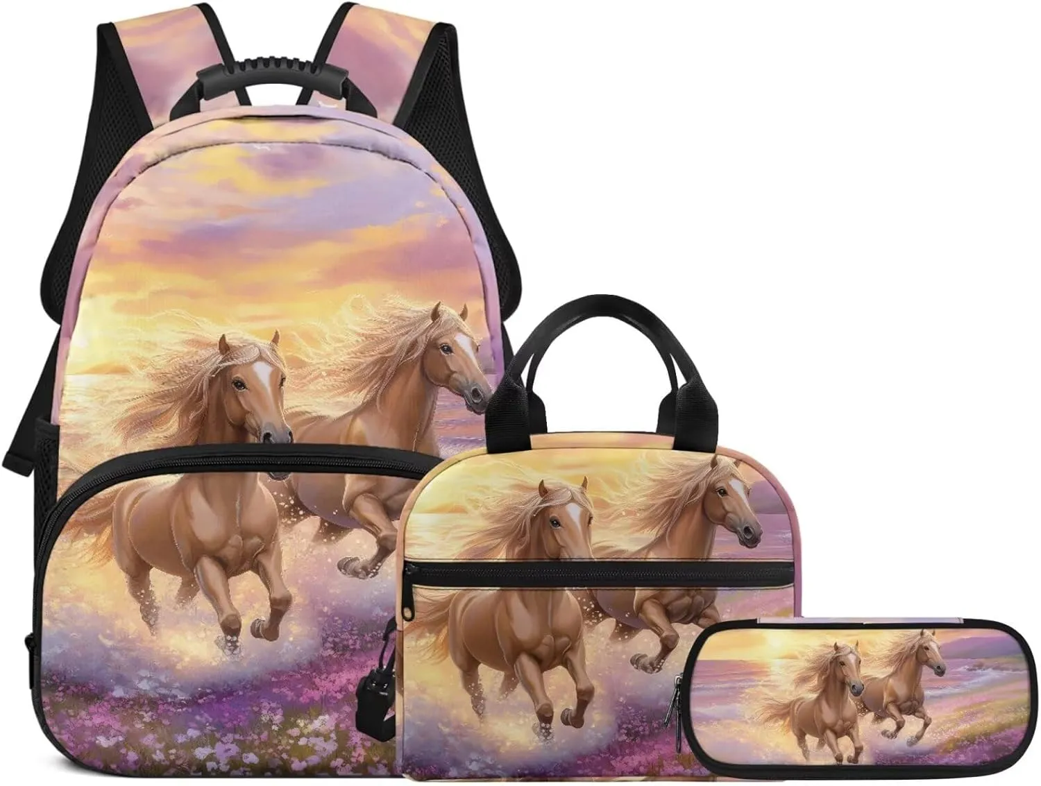 Girl's Backpack 3 Pieces Set Cool Horse Print Backpacks Shoulder Bag with Lunch Bag Handbag Pencil Case Set Kids Teen Elementary Middle School Bookbag Daypack