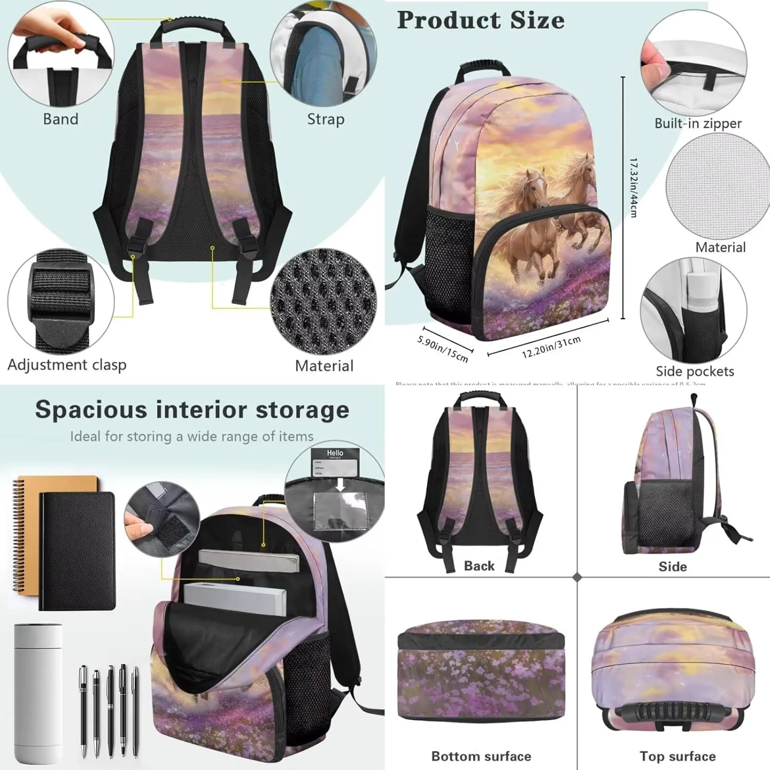 Girl's Backpack 3 Pieces Set Cool Horse Print Backpacks Shoulder Bag with Lunch Bag Handbag Pencil Case Set Kids Teen Elementary Middle School Bookbag Daypack