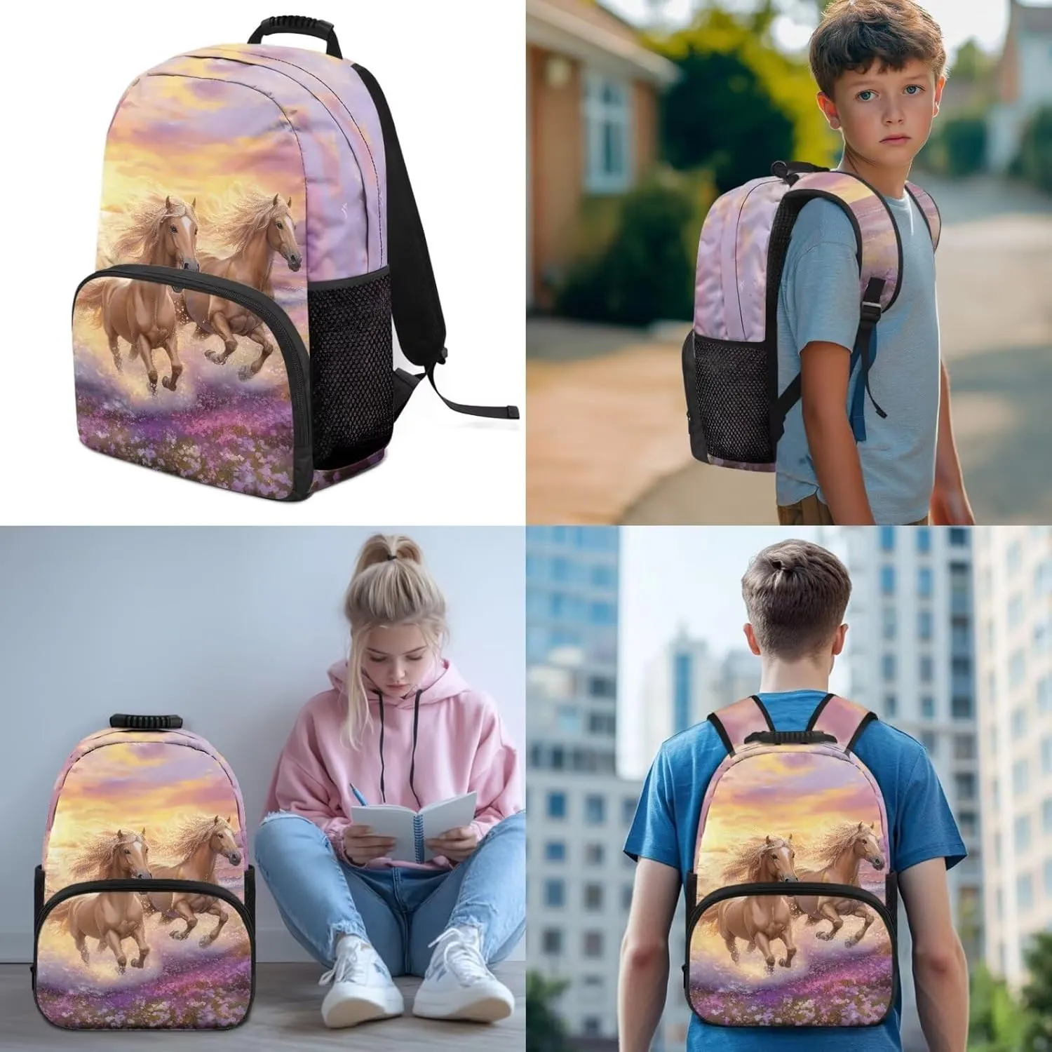 Girl's Backpack 3 Pieces Set Cool Horse Print Backpacks Shoulder Bag with Lunch Bag Handbag Pencil Case Set Kids Teen Elementary Middle School Bookbag Daypack