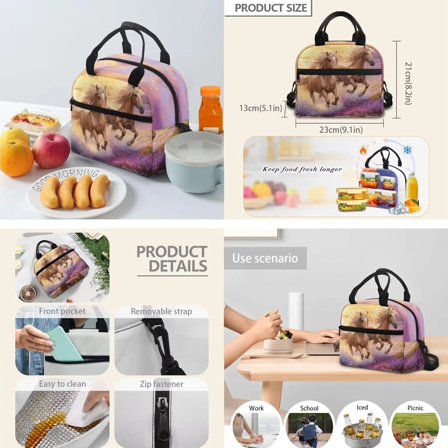 Girl's Backpack 3 Pieces Set Cool Horse Print Backpacks Shoulder Bag with Lunch Bag Handbag Pencil Case Set Kids Teen Elementary Middle School Bookbag Daypack