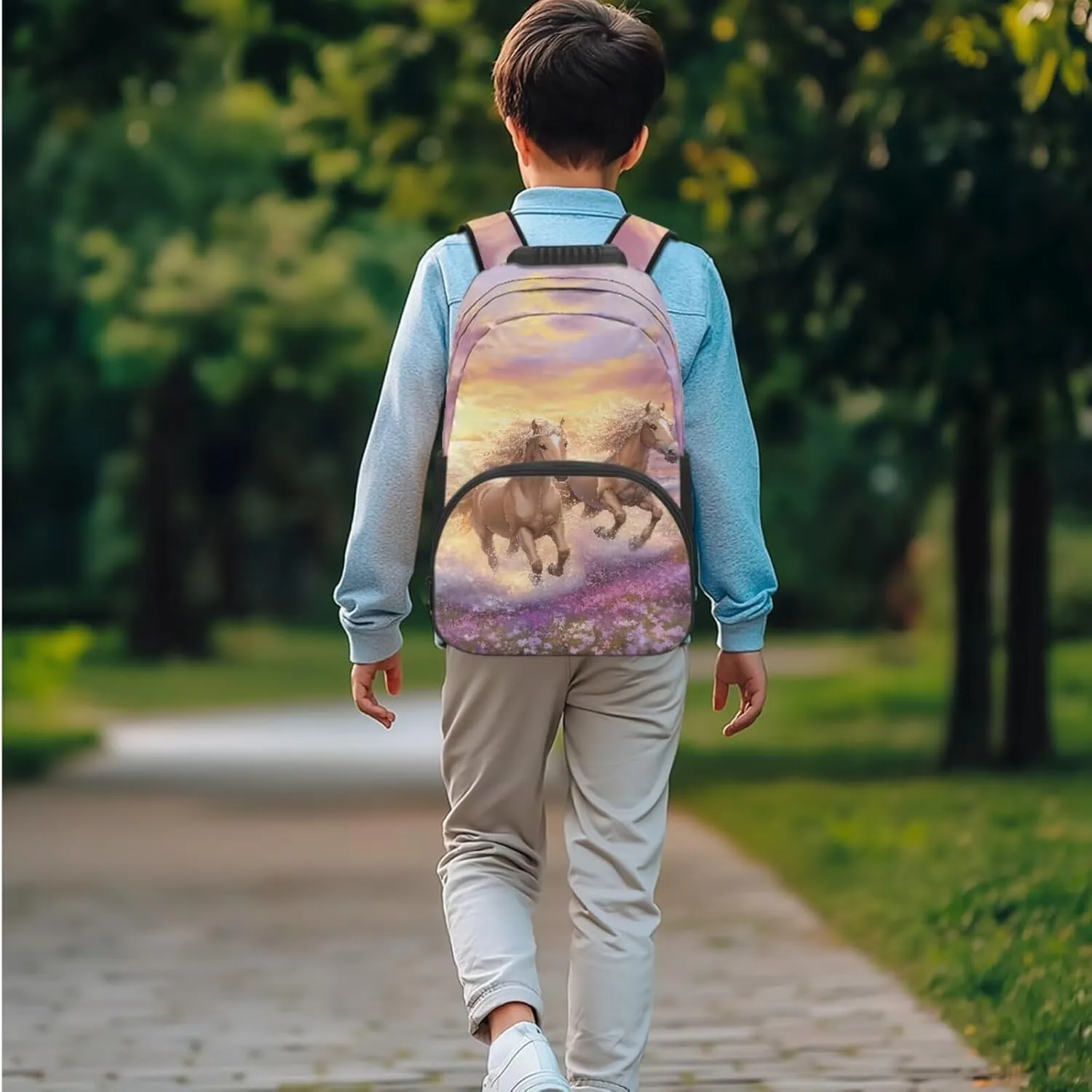 Girl's Backpack 3 Pieces Set Cool Horse Print Backpacks Shoulder Bag with Lunch Bag Handbag Pencil Case Set Kids Teen Elementary Middle School Bookbag Daypack
