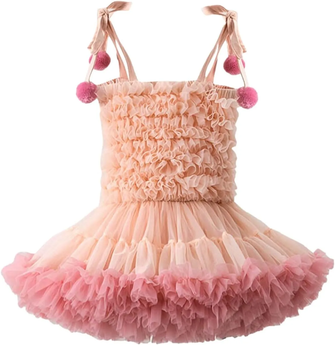 Girls Fluff Tiered Tulle Tutu Dresses Wedding Part Gown Spaghetti Straps Ruffle ini Dress with Pom om
