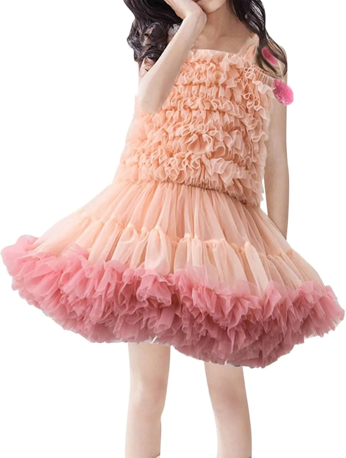 Girls Fluff Tiered Tulle Tutu Dresses Wedding Part Gown Spaghetti Straps Ruffle ini Dress with Pom om