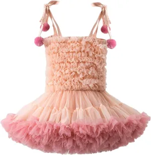 Girls Fluff Tiered Tulle Tutu Dresses Wedding Part Gown Spaghetti Straps Ruffle ini Dress with Pom om