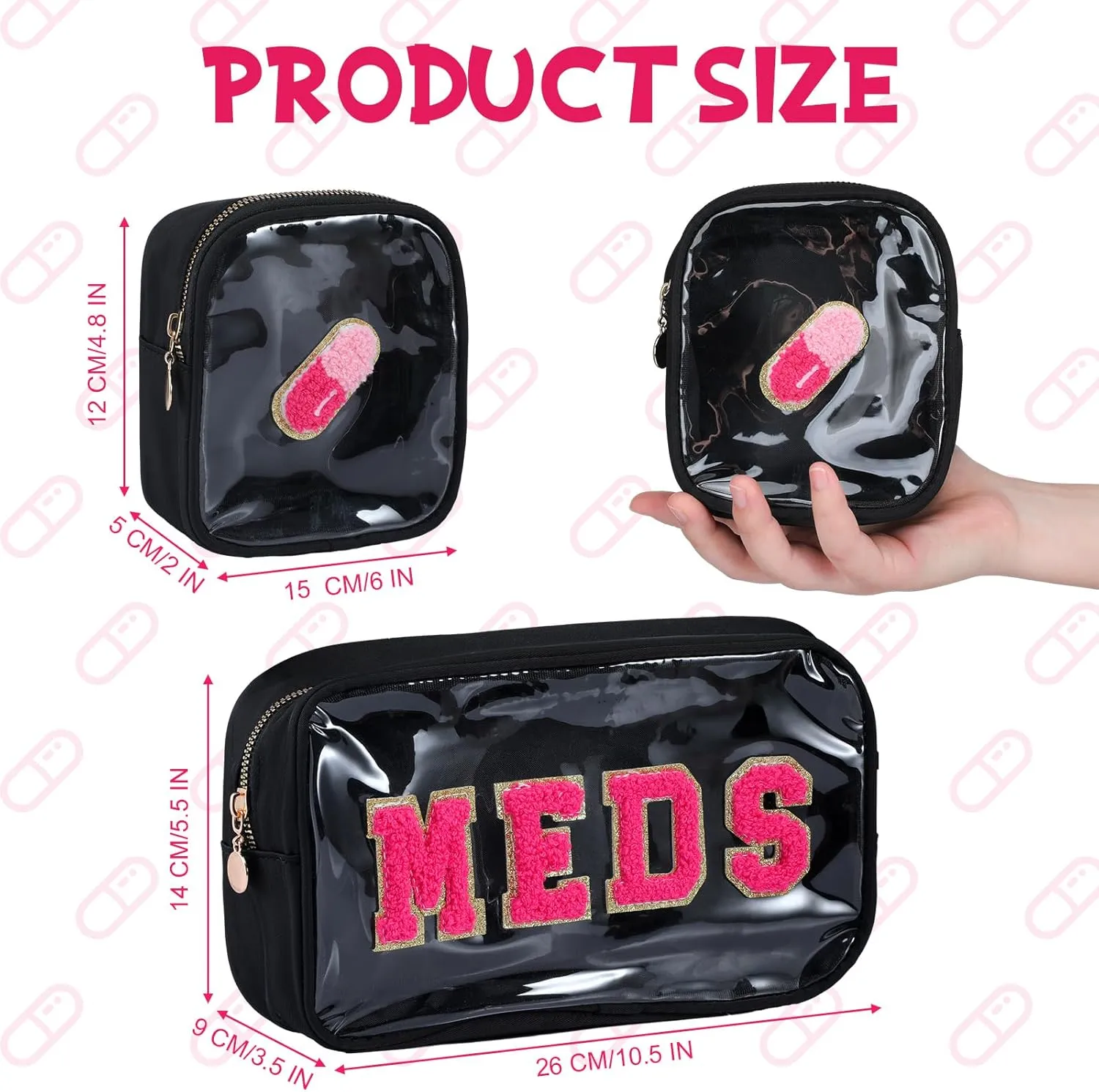 Hillban 2 Pcs Medicine Bag Gifts Chenille Letter Bag Preppy Clear Makeup Meds Nylon Pouch Set PVC Transparent Mini First Aid Christmas Gift for Travel(Basic)
