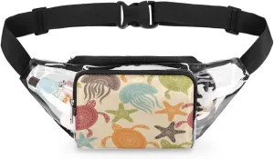Jellyfish Turtle Clear Fanny Pack Stadium Approved Adjustable Clear Belt Bag Cute Waist Bags for Women Men Travel Sports Events Hiking Concerts