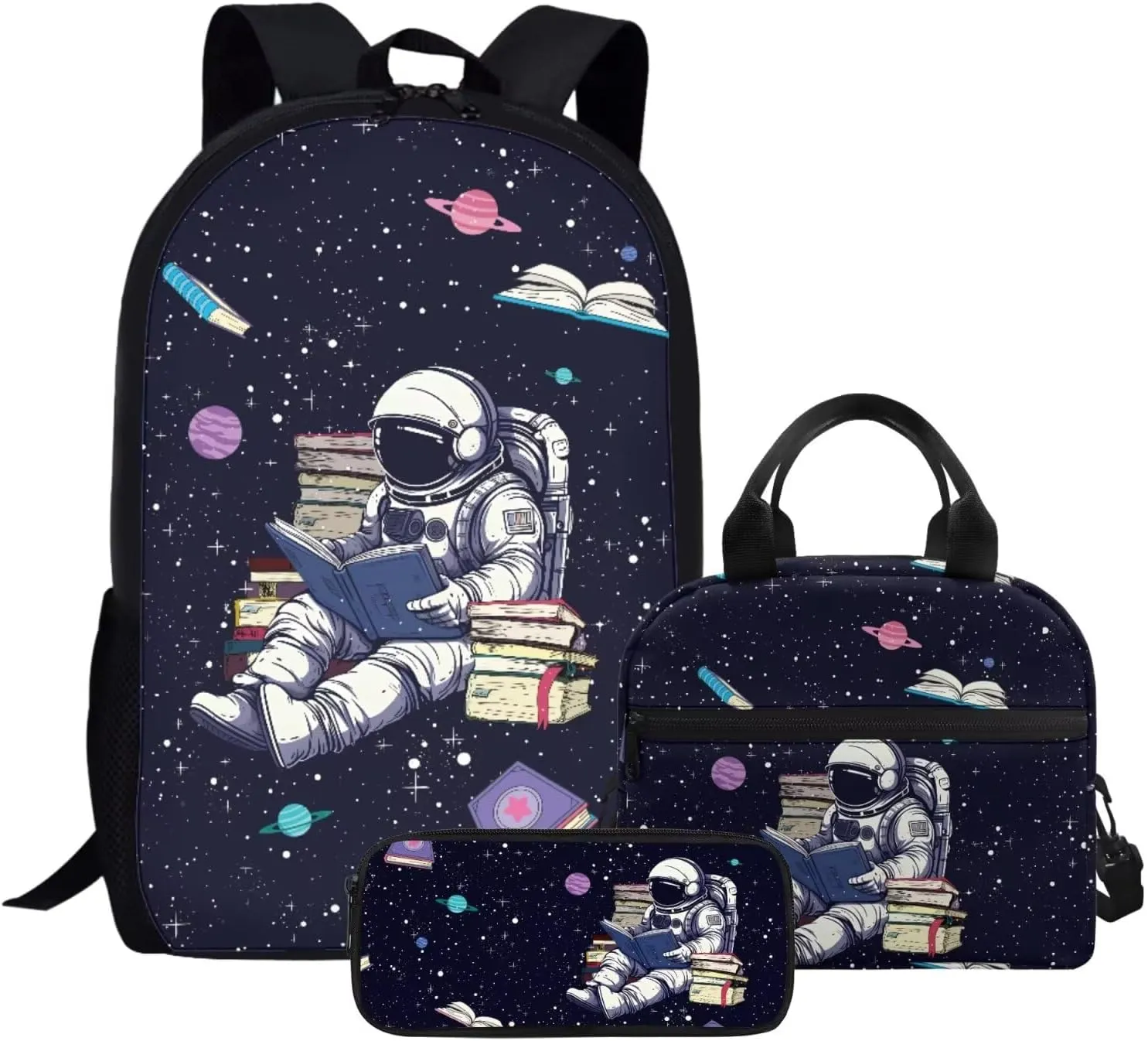 JHQFWMFJ Boys Backpack and Lunch Box Set Astronaut Backpack and Cool Pencil Case 3 in 1 children's Schoolbag Large Bookbag Thermal Insulated Lunch Bag