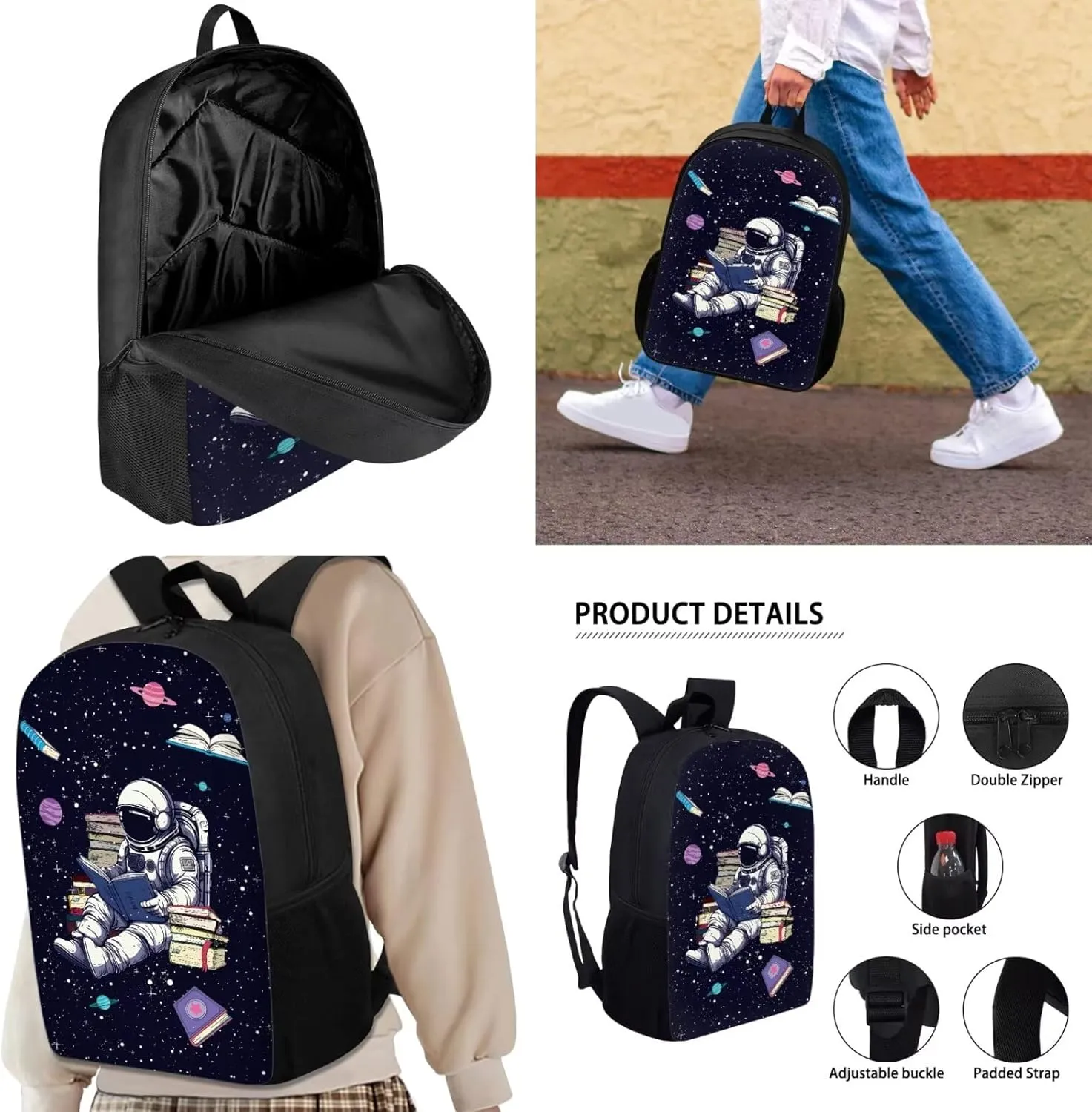 JHQFWMFJ Boys Backpack and Lunch Box Set Astronaut Backpack and Cool Pencil Case 3 in 1 children's Schoolbag Large Bookbag Thermal Insulated Lunch Bag