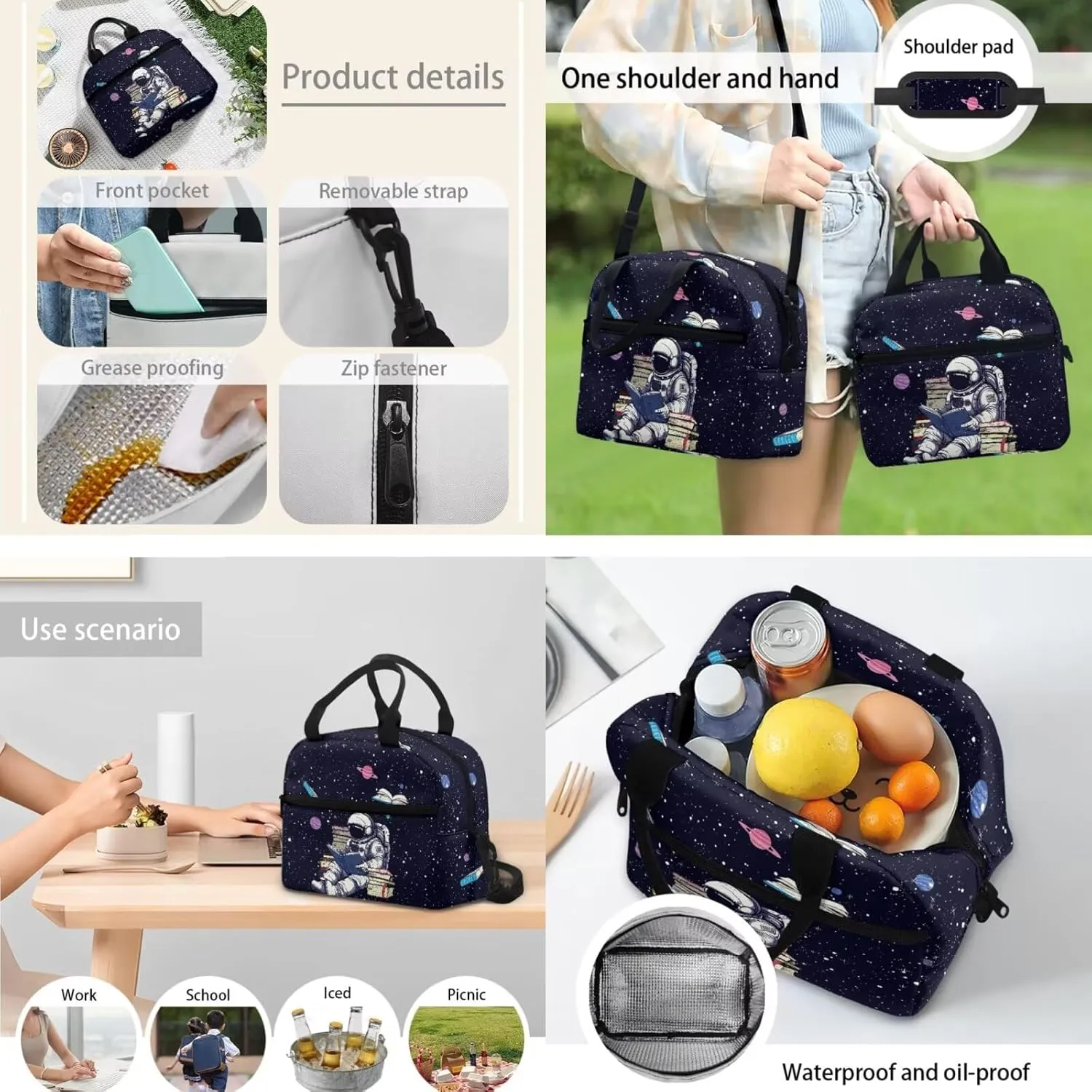JHQFWMFJ Boys Backpack and Lunch Box Set Astronaut Backpack and Cool Pencil Case 3 in 1 children's Schoolbag Large Bookbag Thermal Insulated Lunch Bag