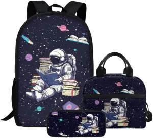 JHQFWMFJ Boys Backpack and Lunch Box Set Astronaut Backpack and Cool Pencil Case 3 in 1 children's Schoolbag Large Bookbag Thermal Insulated Lunch Bag