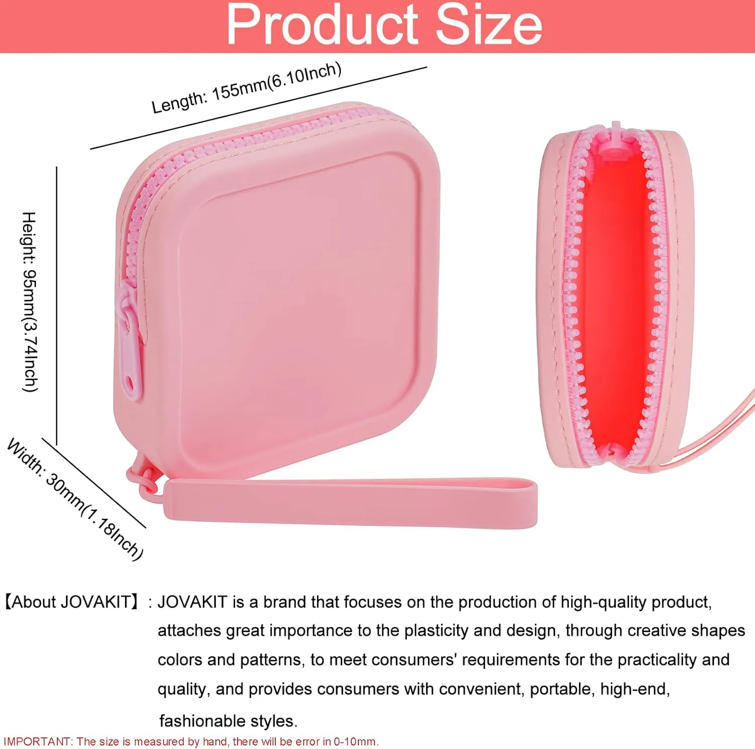JOVAKIT Small Square Portable Silicone Makeup Bag for Women, Travel Waterproof Toiletry Cosmetic Bag Gifts for Women Girls, Zipper Closure Makeup Case with Handle (Pink)