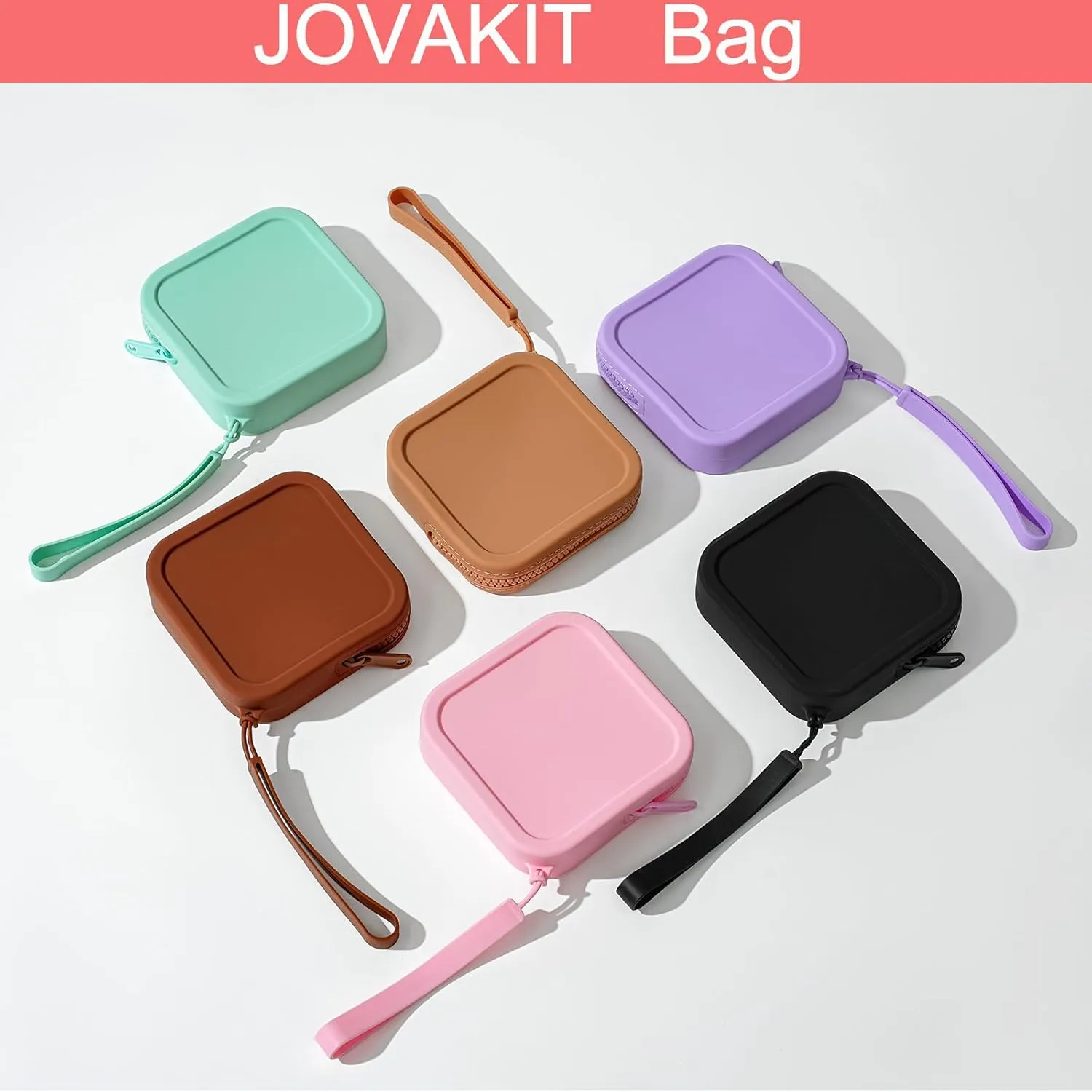 JOVAKIT Small Square Portable Silicone Makeup Bag for Women, Travel Waterproof Toiletry Cosmetic Bag Gifts for Women Girls, Zipper Closure Makeup Case with Handle (Pink)