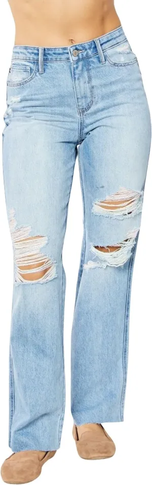 Judy Blue Women's High Waist Rigid Magic 90's Destroy Straight Leg Jeans