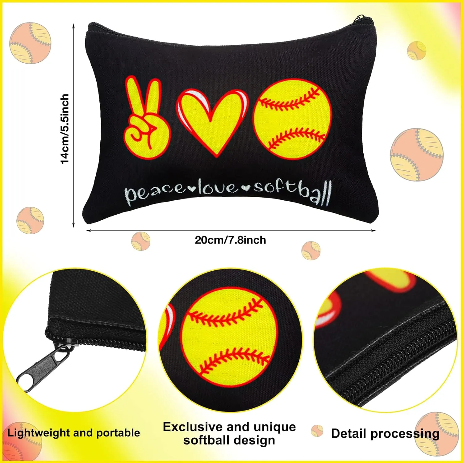 Kajaia 24 Pcs Softball Party Favors Softball Cosmetic Bag Sport Hair Scrunchies Bracelet Travel Pouch Canvas Makeup Bags Hair Ties Bands for Women Girls Team Gifts(Cute)