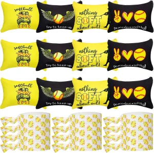 Kajaia 24 Pcs Softball Party Favors Softball Cosmetic Bag Sport Hair Scrunchies Bracelet Travel Pouch Canvas Makeup Bags Hair Ties Bands for Women Girls Team Gifts(Cute)