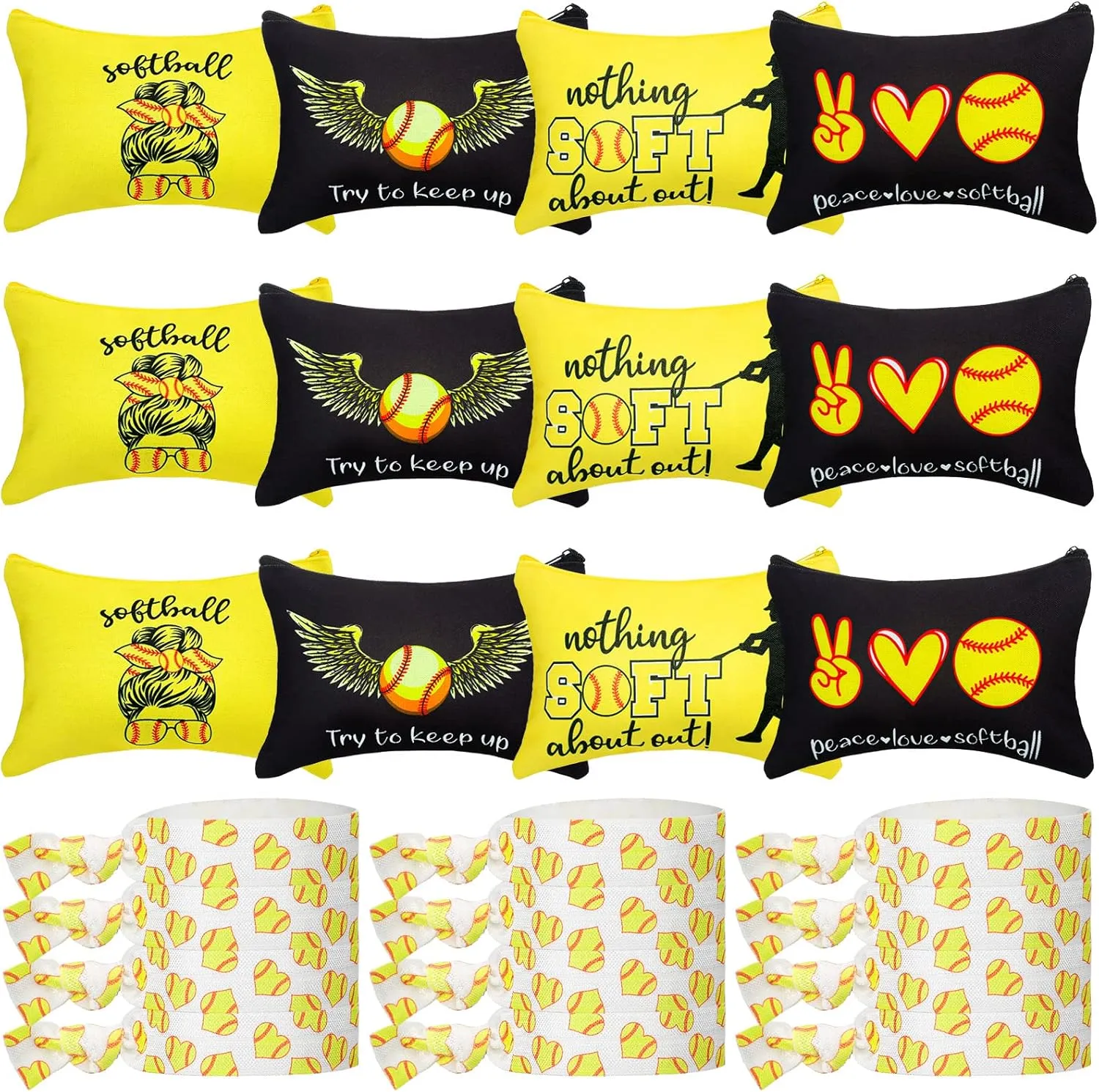 Kajaia 24 Pcs Softball Party Favors Softball Cosmetic Bag Sport Hair Scrunchies Bracelet Travel Pouch Canvas Makeup Bags Hair Ties Bands for Women Girls Team Gifts(Cute)