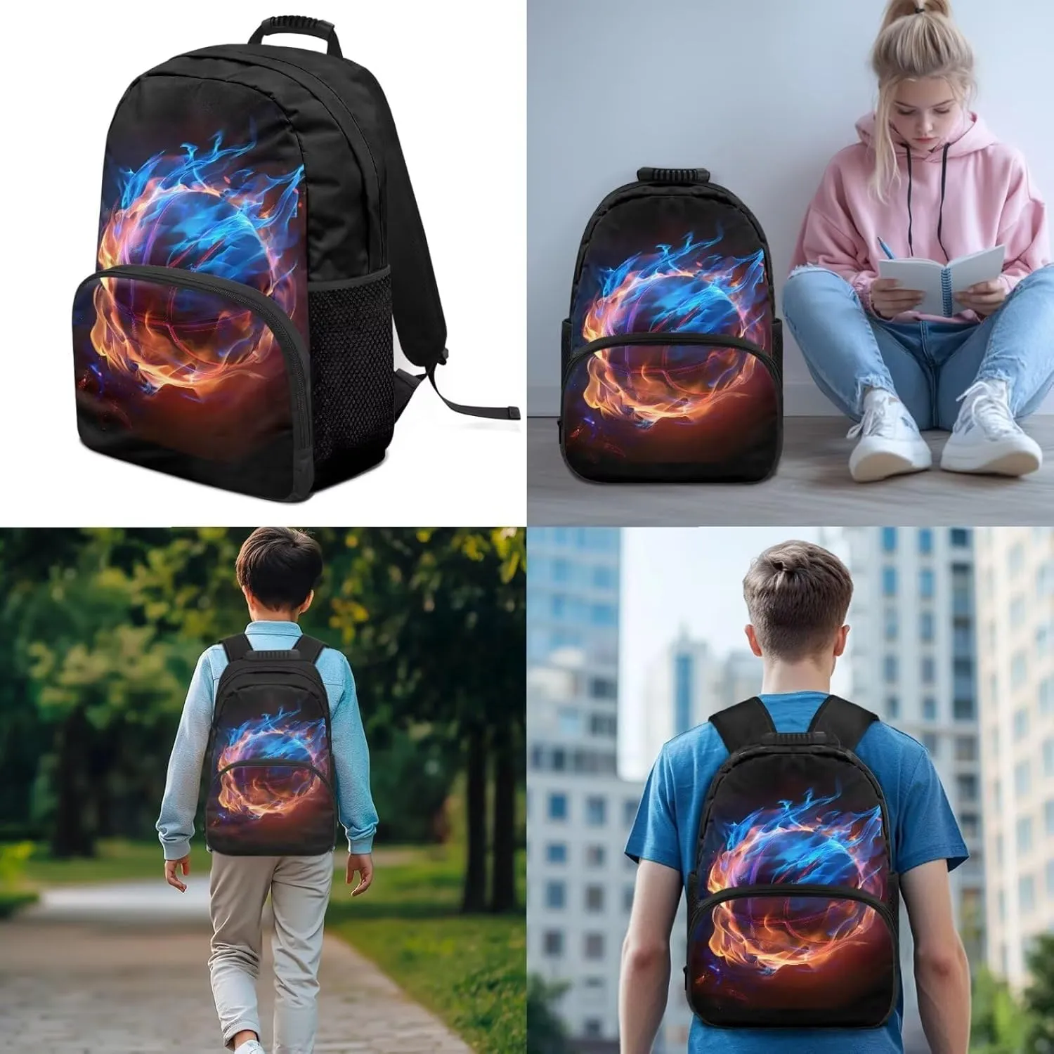 Kids Backpack Basketball Fire School Bag for Boys Teen Bookbag Satchel for Middle High School 3 in 1 Rucksack with Lunch Bag Pencil Bag Set