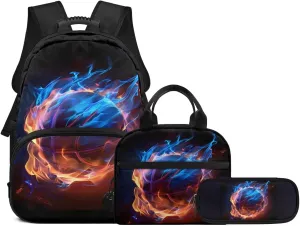 Kids Backpack Basketball Fire School Bag for Boys Teen Bookbag Satchel for Middle High School 3 in 1 Rucksack with Lunch Bag Pencil Bag Set
