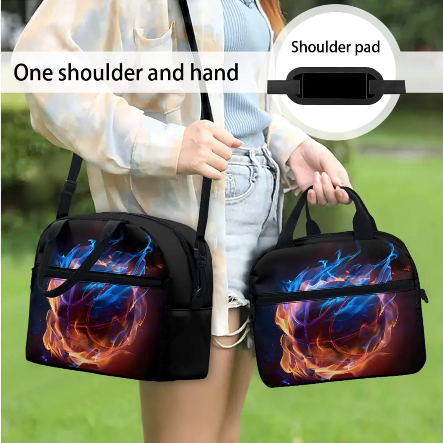 Kids Backpack Basketball Fire School Bag for Boys Teen Bookbag Satchel for Middle High School 3 in 1 Rucksack with Lunch Bag Pencil Bag Set