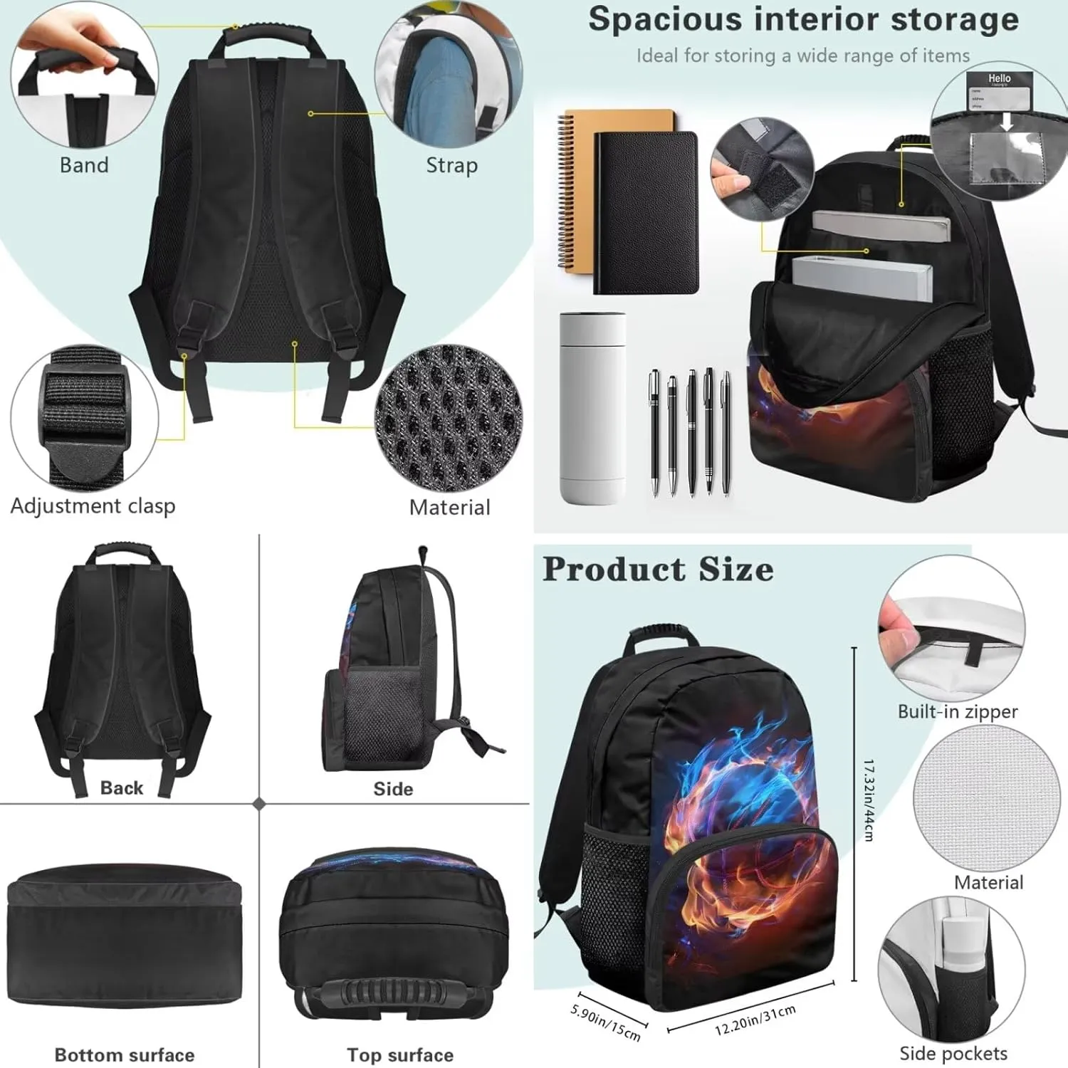 Kids Backpack Basketball Fire School Bag for Boys Teen Bookbag Satchel for Middle High School 3 in 1 Rucksack with Lunch Bag Pencil Bag Set