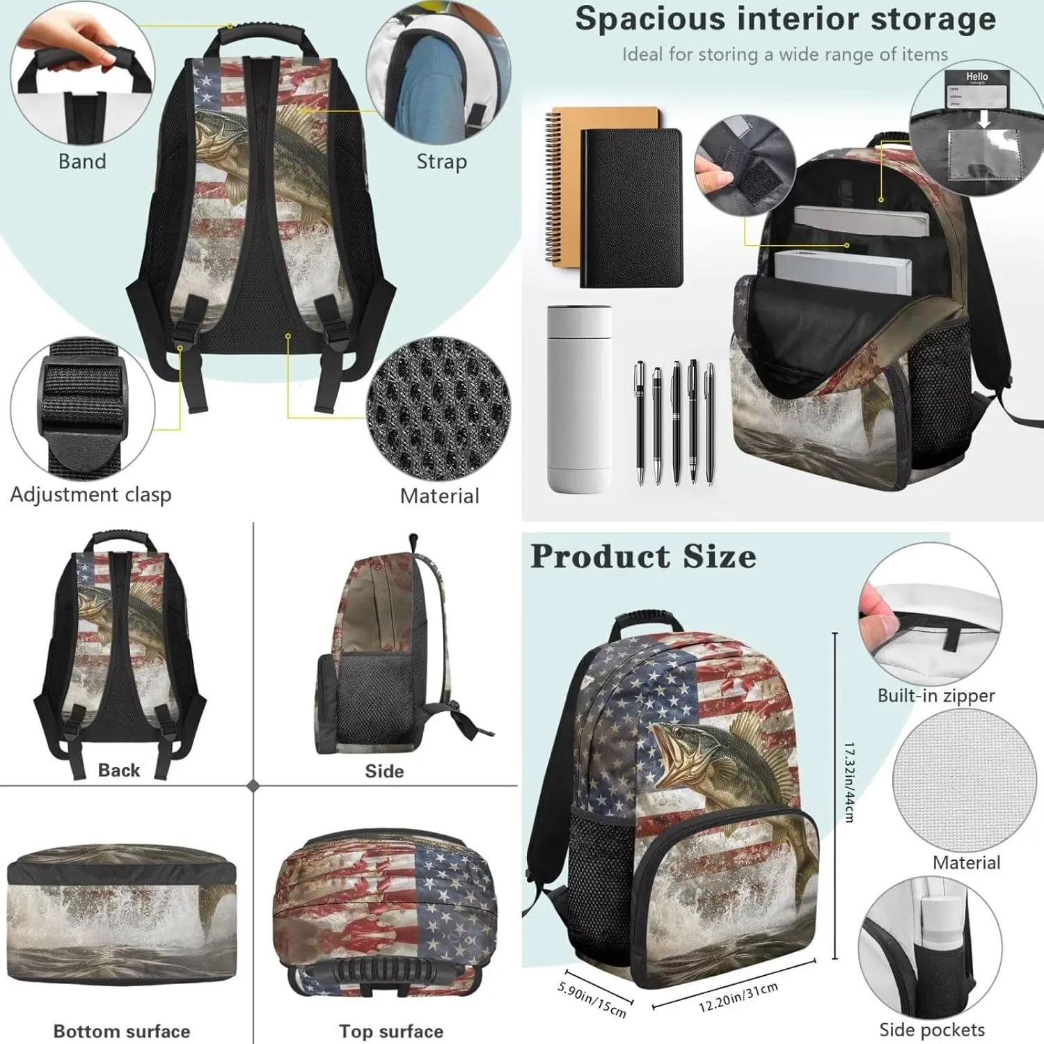 Kids' Backpacks 3 PCS School-Bag Backpack with Lunch Bag Pencil Case Set American Flag Bass Fish Backpack Travel Daypack Satchel Set