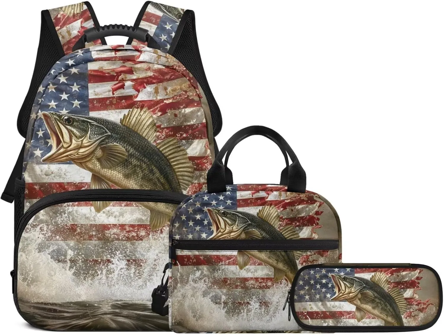Kids' Backpacks 3 PCS School-Bag Backpack with Lunch Bag Pencil Case Set American Flag Bass Fish Backpack Travel Daypack Satchel Set