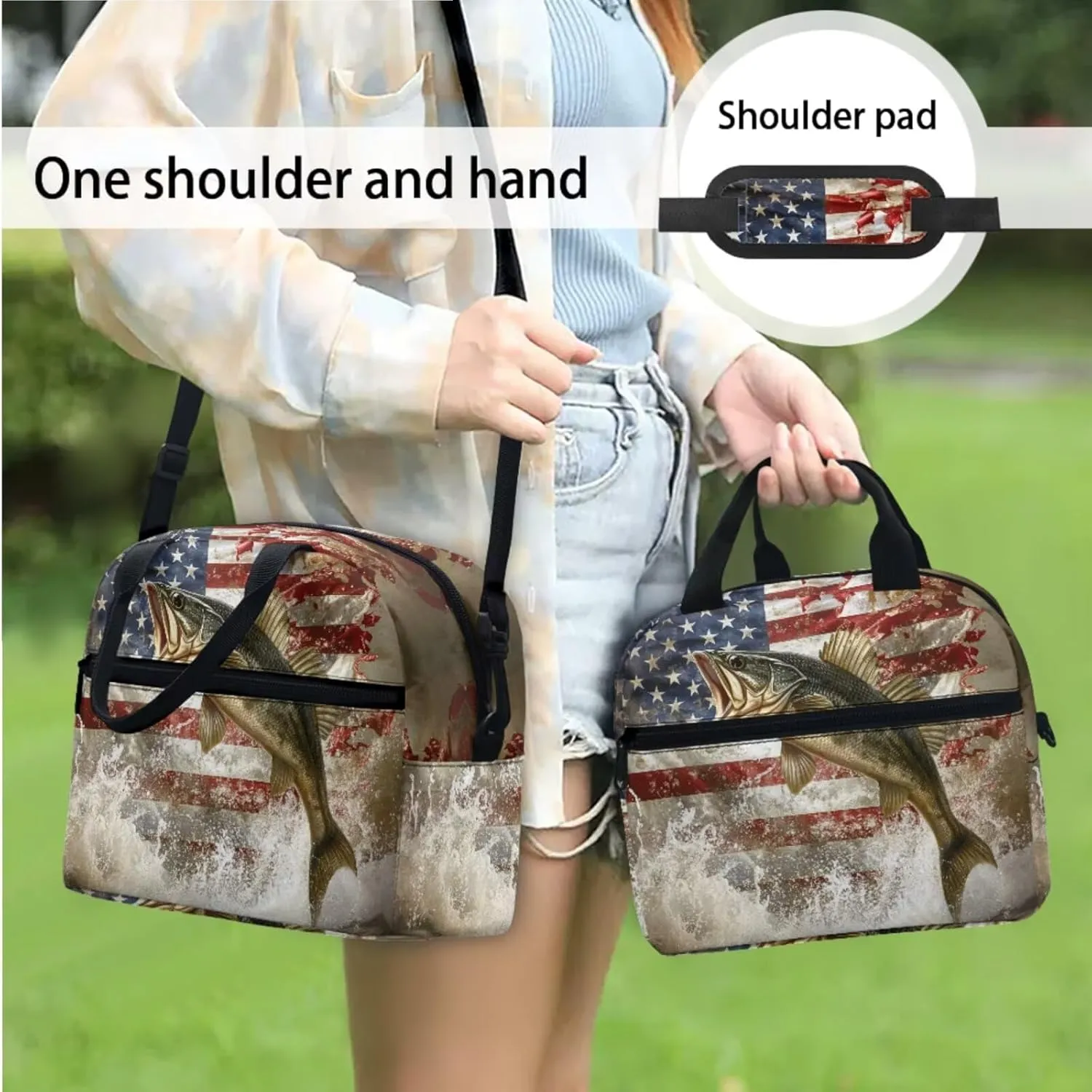 Kids' Backpacks 3 PCS School-Bag Backpack with Lunch Bag Pencil Case Set American Flag Bass Fish Backpack Travel Daypack Satchel Set