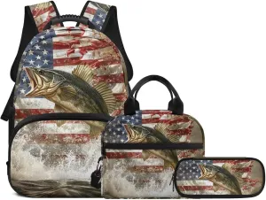 Kids' Backpacks 3 PCS School-Bag Backpack with Lunch Bag Pencil Case Set American Flag Bass Fish Backpack Travel Daypack Satchel Set