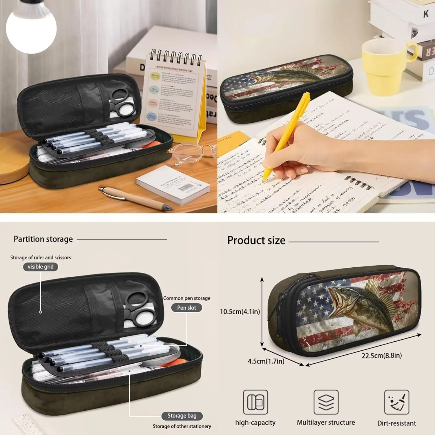 Kids' Backpacks 3 PCS School-Bag Backpack with Lunch Bag Pencil Case Set American Flag Bass Fish Backpack Travel Daypack Satchel Set