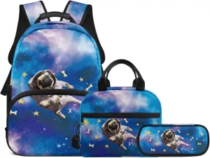 Kids' Backpacks 3 PCS School-Bag Funny Astronaut Pug Dog Backpack with Lunch Bag Pencil Case Set Backpack Travel Daypack Satchel with Adjustable Strap Blue